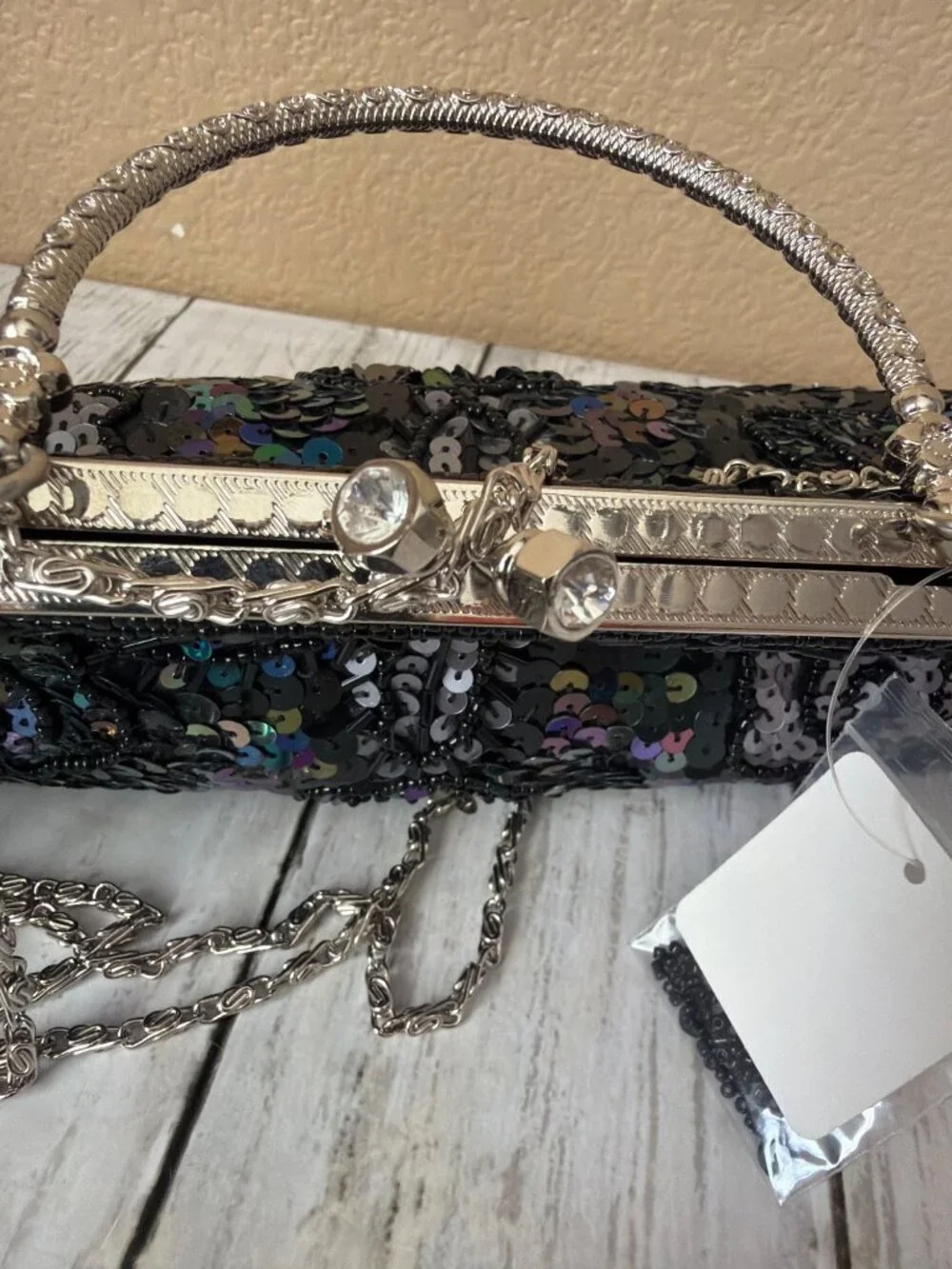 Y2K Max Mayer Black Beaded Sequin Evening Bag Clutch Kiss Lock Chain Strap NEW - Picture 4 of 14